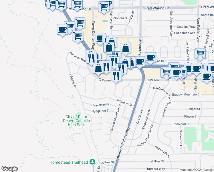 map of restaurants, bars, coffee shops, grocery stores, and more near 715 Sandpiper Street in Palm Desert