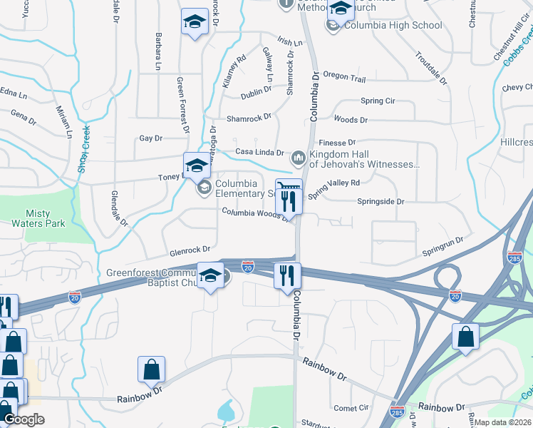 map of restaurants, bars, coffee shops, grocery stores, and more near 3361 Columbia Woods Drive in Decatur