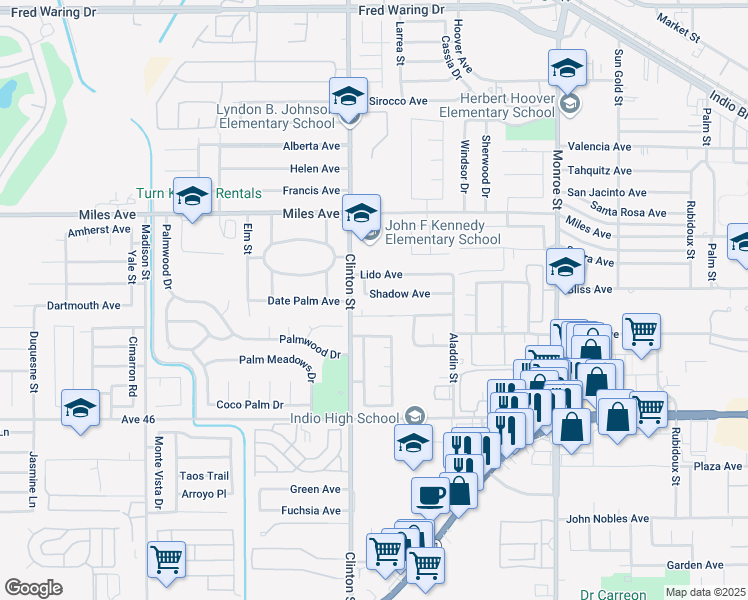 map of restaurants, bars, coffee shops, grocery stores, and more near 81580 De Oro Avenue in Indio