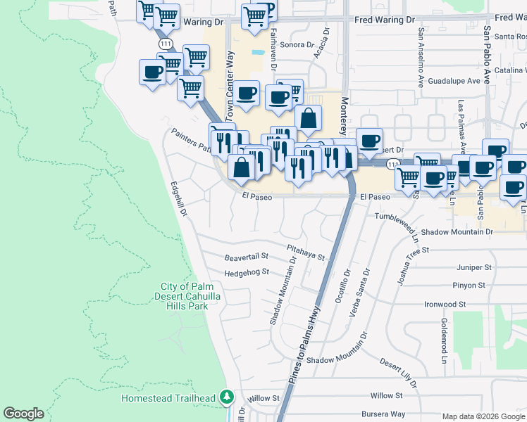 map of restaurants, bars, coffee shops, grocery stores, and more near 715 Sandpiper Street in Palm Desert