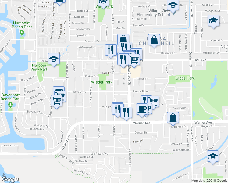 map of restaurants, bars, coffee shops, grocery stores, and more near 16700 Green Lane in Huntington Beach