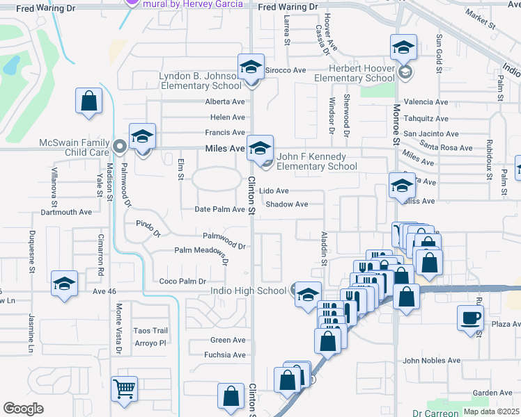 map of restaurants, bars, coffee shops, grocery stores, and more near 45520 Clinton Street in Indio