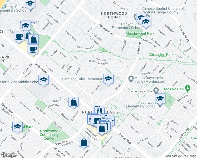 map of restaurants, bars, coffee shops, grocery stores, and more near 31 Glorieta East in Irvine