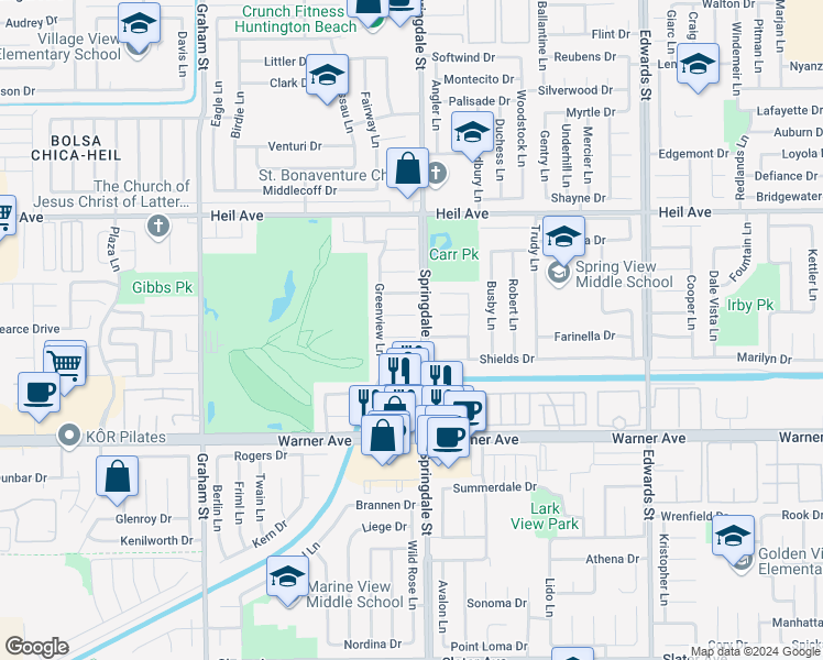 map of restaurants, bars, coffee shops, grocery stores, and more near 5961 Edmonds Circle in Huntington Beach