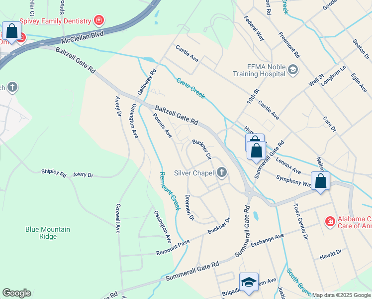 map of restaurants, bars, coffee shops, grocery stores, and more near 160 Seaton Drive in Anniston