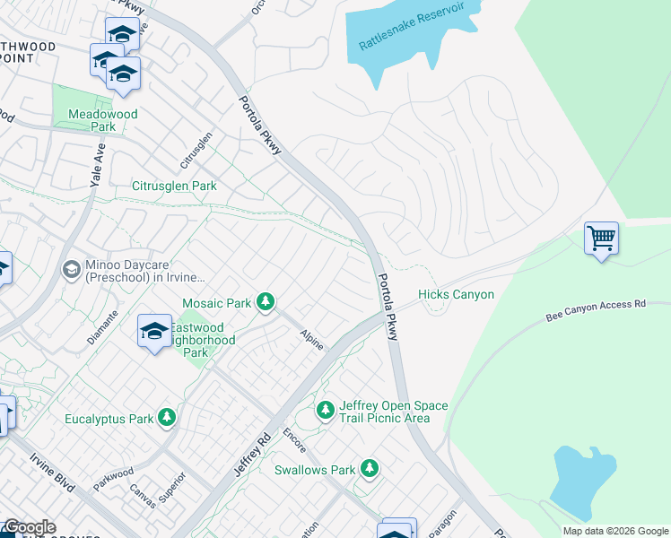 map of restaurants, bars, coffee shops, grocery stores, and more near 125 Lovelace in Irvine