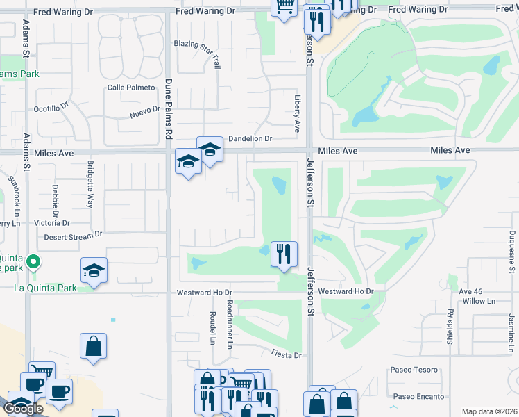 map of restaurants, bars, coffee shops, grocery stores, and more near 45406 Banff Springs Street in Indio