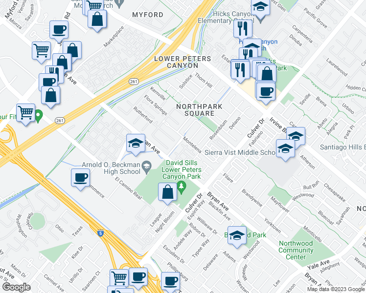 map of restaurants, bars, coffee shops, grocery stores, and more near 36 Leucadia in Irvine