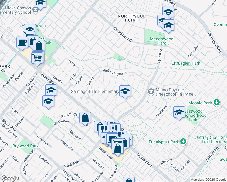 map of restaurants, bars, coffee shops, grocery stores, and more near 31 Glorieta East in Irvine