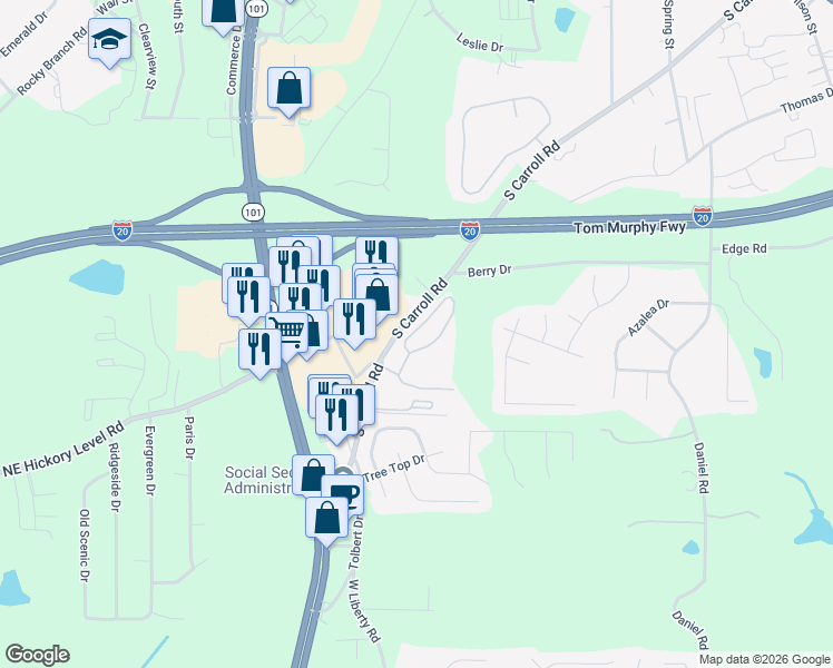 map of restaurants, bars, coffee shops, grocery stores, and more near 540 South Carroll Road in Villa Rica