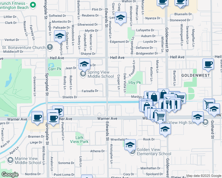 map of restaurants, bars, coffee shops, grocery stores, and more near 6521 Farinella Drive in Huntington Beach