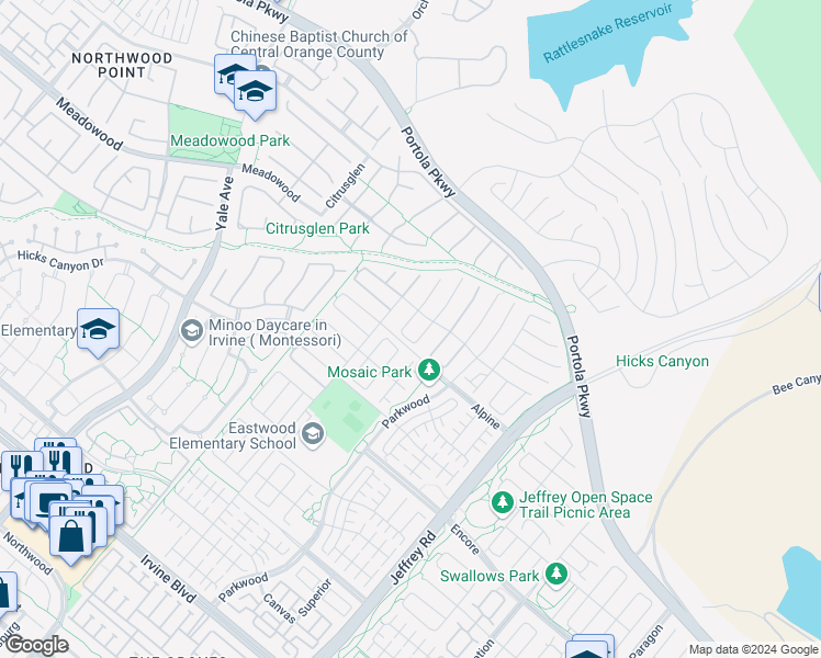 map of restaurants, bars, coffee shops, grocery stores, and more near 124 Cutlass in Irvine