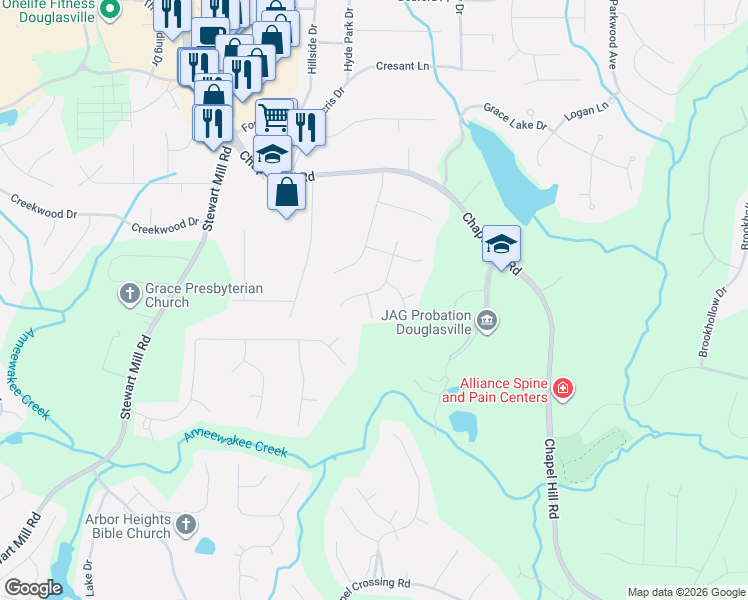 map of restaurants, bars, coffee shops, grocery stores, and more near 3140 Pine Bark Court in Douglasville