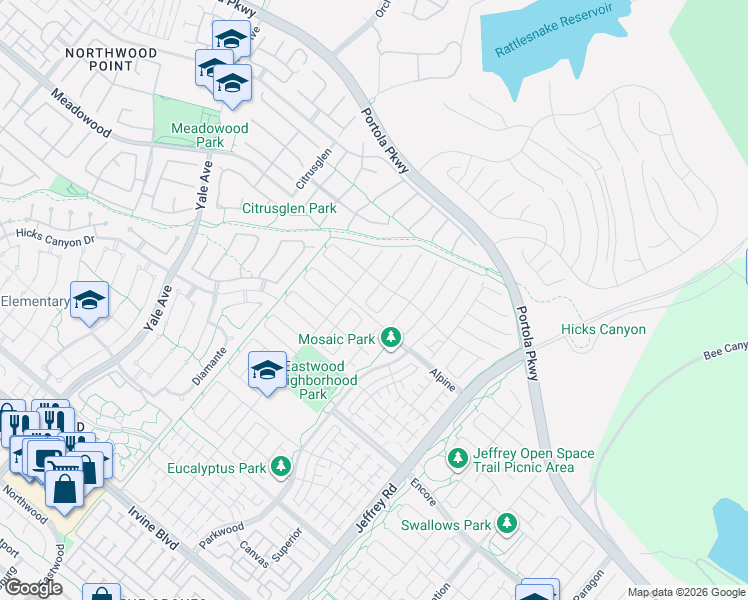 map of restaurants, bars, coffee shops, grocery stores, and more near 124 Cutlass in Irvine