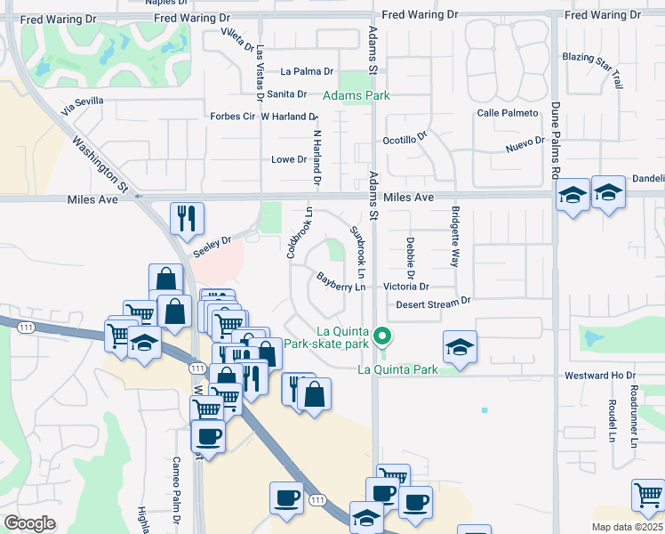 map of restaurants, bars, coffee shops, grocery stores, and more near 78875 Parkbrook Court in La Quinta