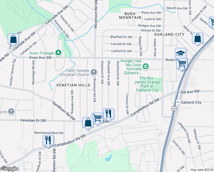 map of restaurants, bars, coffee shops, grocery stores, and more near 1311 Elizabeth Avenue Southwest in Atlanta