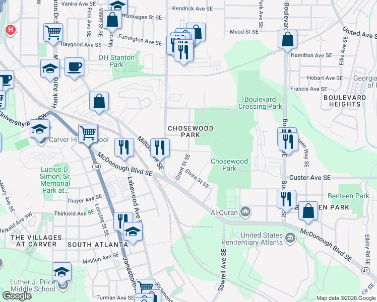 map of restaurants, bars, coffee shops, grocery stores, and more near Grant Street Southeast & Nolan Street Southeast in Atlanta