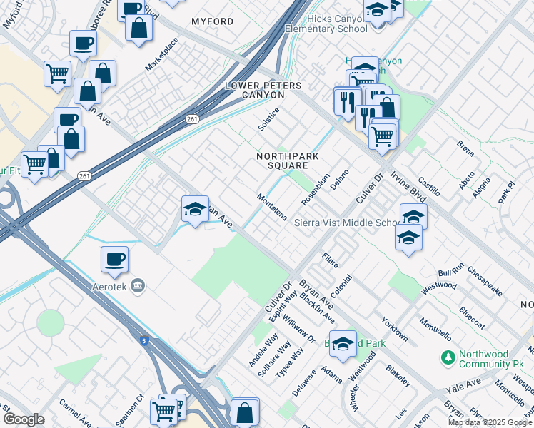 map of restaurants, bars, coffee shops, grocery stores, and more near 35 Taquitz in Irvine