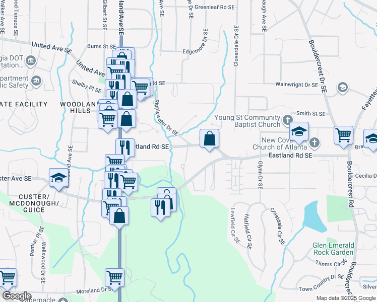 map of restaurants, bars, coffee shops, grocery stores, and more near 1256 Jandras Lane Southeast in Atlanta