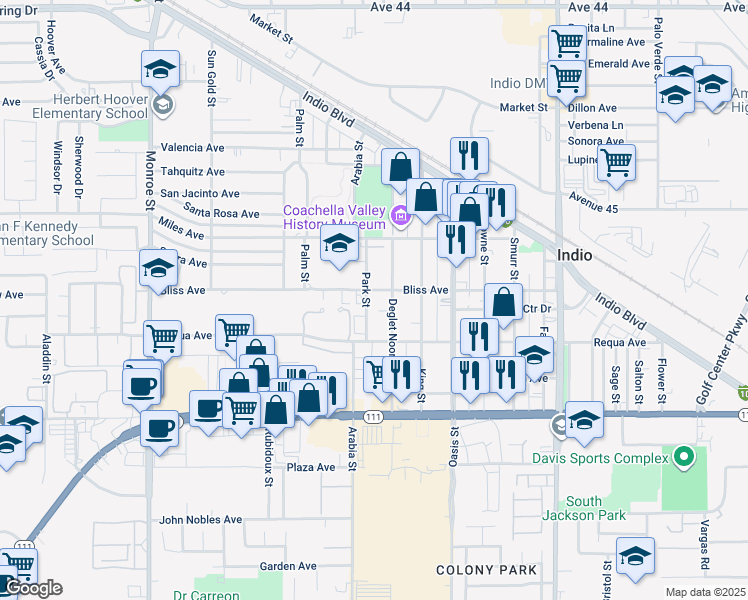 map of restaurants, bars, coffee shops, grocery stores, and more near 45352 Park Street in Indio