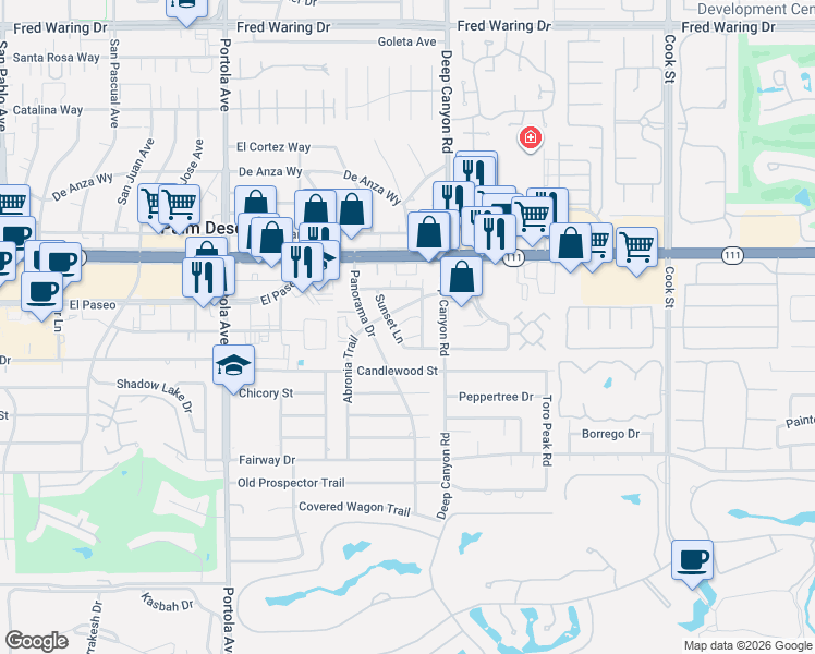 map of restaurants, bars, coffee shops, grocery stores, and more near 45451 Sunset Lane in Palm Desert