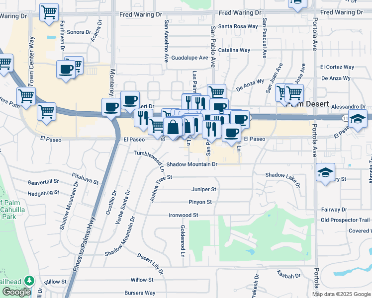 map of restaurants, bars, coffee shops, grocery stores, and more near 45451 Lupine Lane in Palm Desert