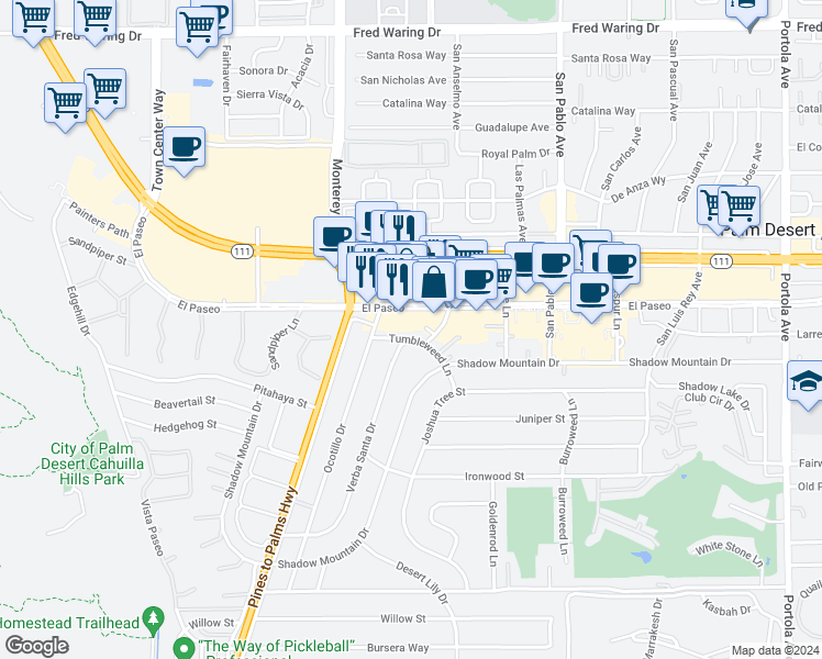 map of restaurants, bars, coffee shops, grocery stores, and more near 73183 Tumbleweed Lane in Palm Desert