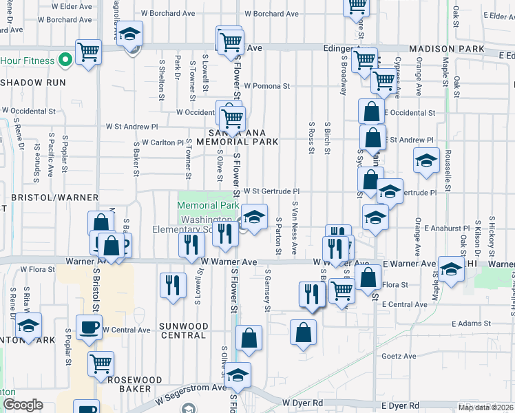 map of restaurants, bars, coffee shops, grocery stores, and more near 2136 South Woodland Place in Santa Ana