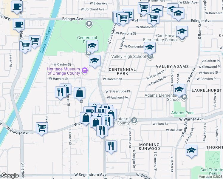 map of restaurants, bars, coffee shops, grocery stores, and more near 2810 West Saint Gertrude Place in Santa Ana