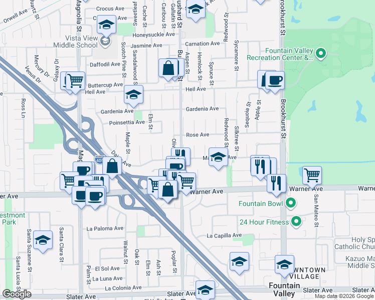 map of restaurants, bars, coffee shops, grocery stores, and more near 16830 Bushard Street in Fountain Valley