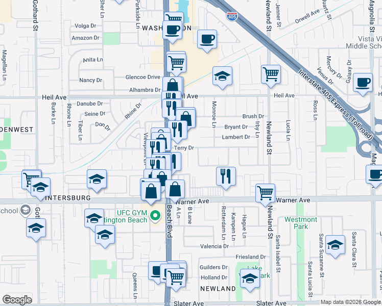 map of restaurants, bars, coffee shops, grocery stores, and more near 16791 Heritage Lane in Huntington Beach