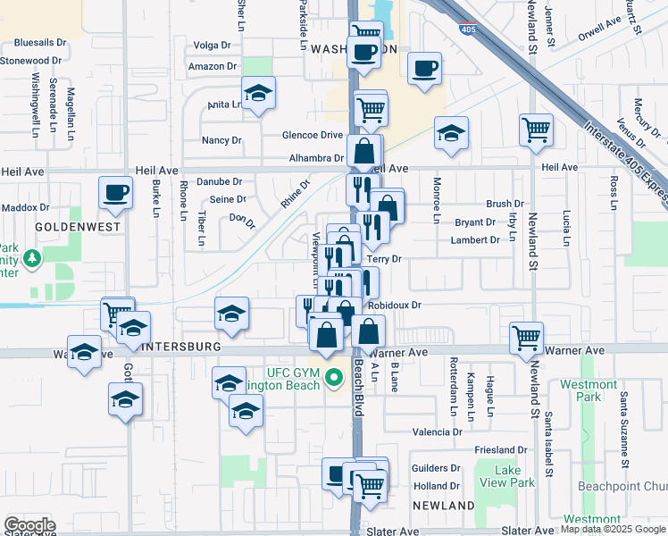 map of restaurants, bars, coffee shops, grocery stores, and more near 7962 Moonshadow Circle in Huntington Beach