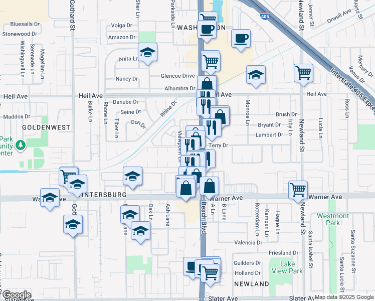 map of restaurants, bars, coffee shops, grocery stores, and more near 7962 Moonshadow Circle in Huntington Beach