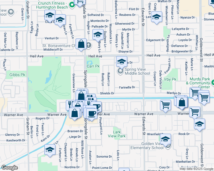 map of restaurants, bars, coffee shops, grocery stores, and more near 16771 Busby Lane in Huntington Beach