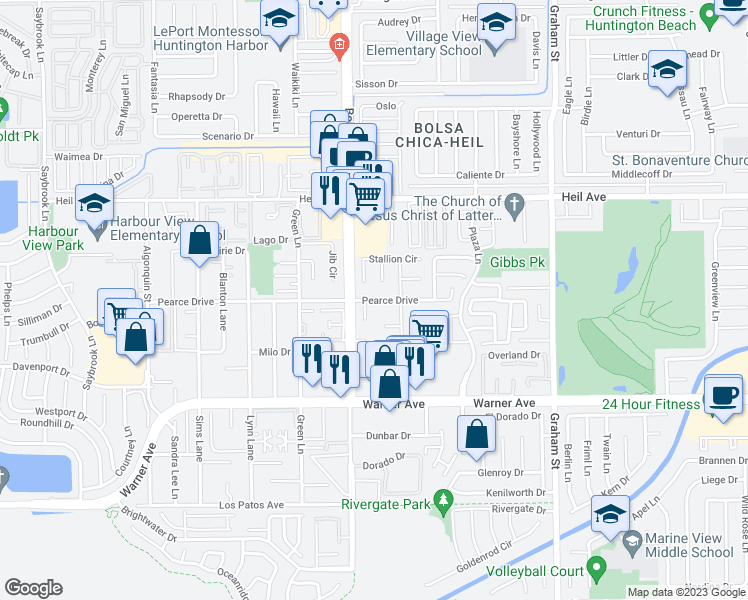 map of restaurants, bars, coffee shops, grocery stores, and more near 16761 Moody Circle in Huntington Beach