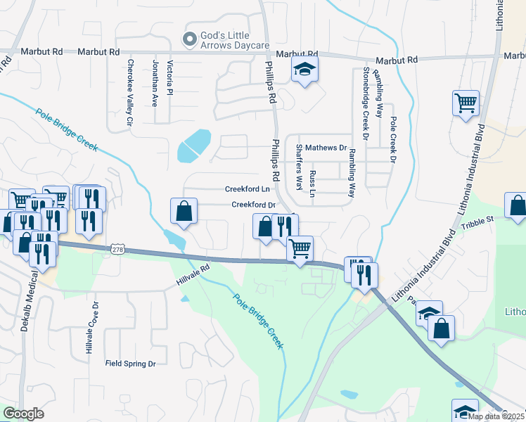 map of restaurants, bars, coffee shops, grocery stores, and more near 6301 Creekford Drive in Lithonia