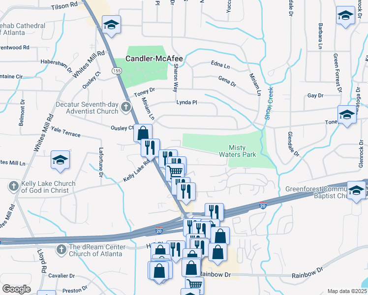 map of restaurants, bars, coffee shops, grocery stores, and more near 2805 Misty Waters Drive in Decatur