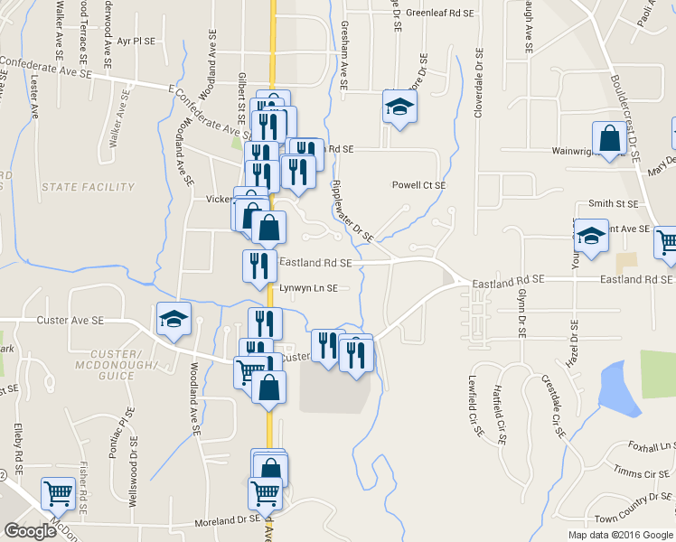 map of restaurants, bars, coffee shops, grocery stores, and more near 1279 Eastland Road Southeast in Atlanta