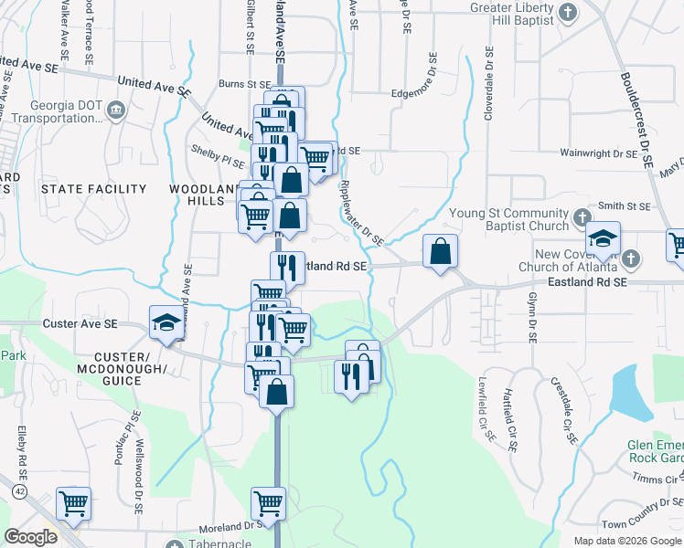 map of restaurants, bars, coffee shops, grocery stores, and more near 1272 Lynwyn Lane Southeast in Atlanta
