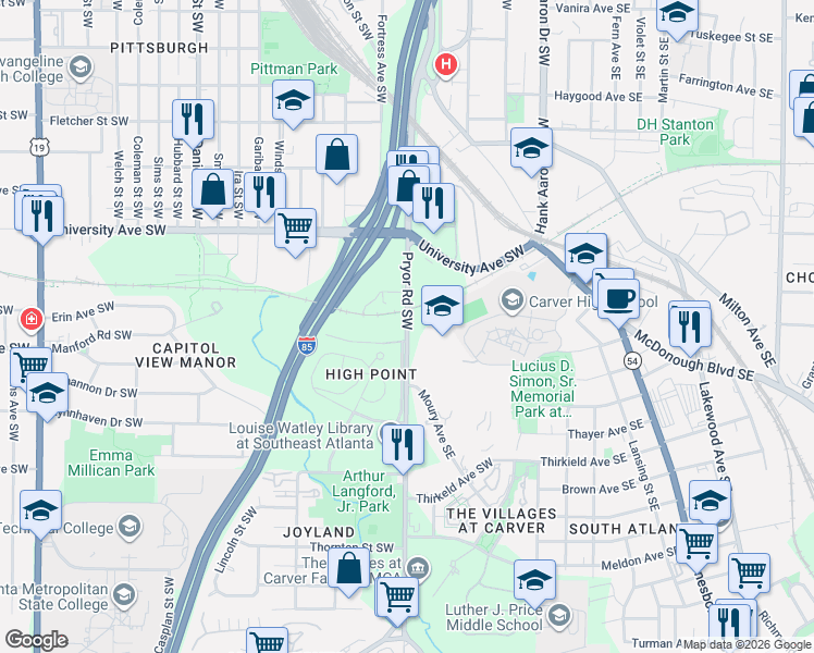map of restaurants, bars, coffee shops, grocery stores, and more near 1320 Pryor Road Southwest in Atlanta