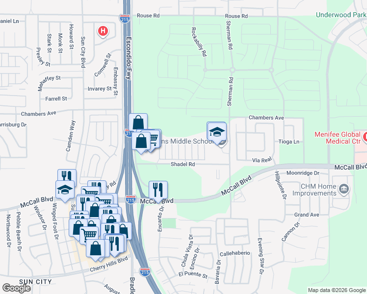 map of restaurants, bars, coffee shops, grocery stores, and more near 27150 Shadel Road in Menifee