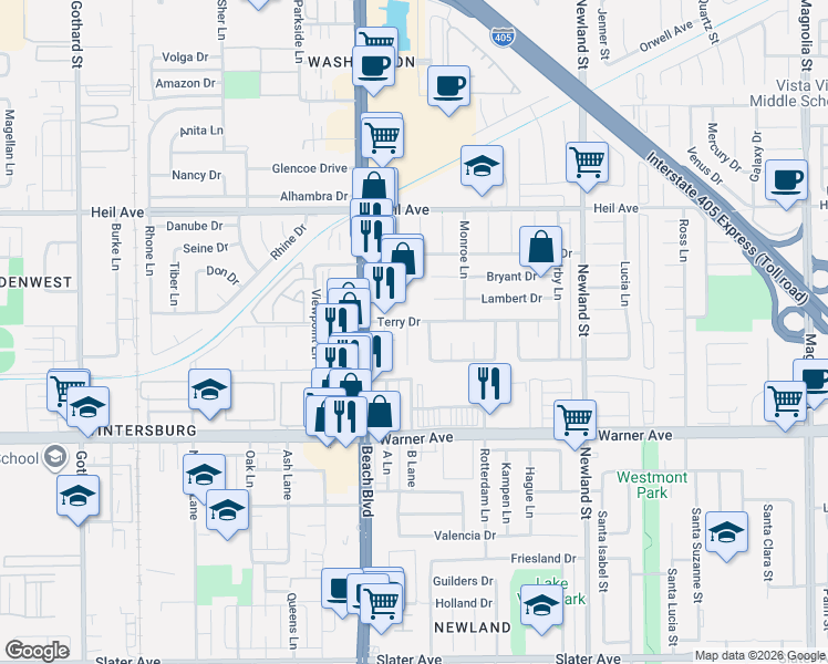 map of restaurants, bars, coffee shops, grocery stores, and more near 16791 Heritage Lane in Huntington Beach