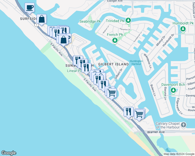 map of restaurants, bars, coffee shops, grocery stores, and more near 16779 Bayview Drive in Huntington Beach