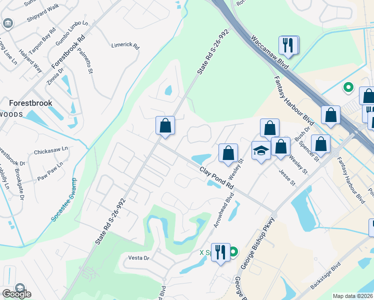 map of restaurants, bars, coffee shops, grocery stores, and more near 105 Fountain Pointe Lane in Myrtle Beach