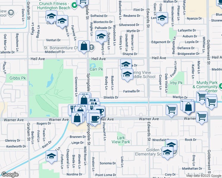 map of restaurants, bars, coffee shops, grocery stores, and more near 16771 Busby Lane in Huntington Beach