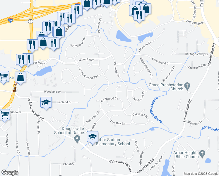 map of restaurants, bars, coffee shops, grocery stores, and more near 9722 Cobble Creek Drive in Douglasville