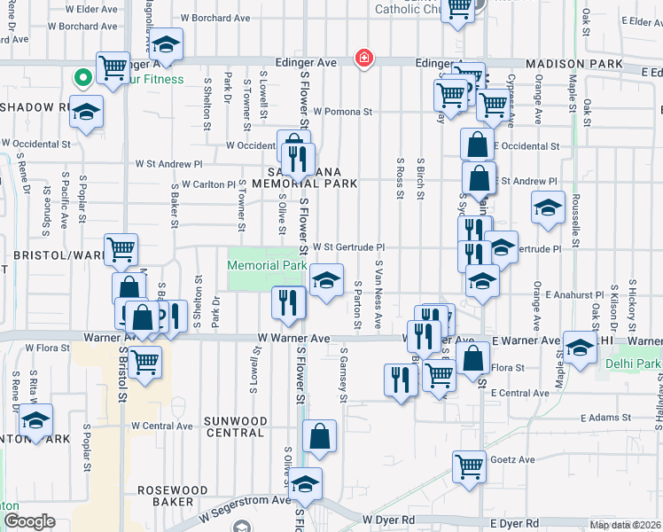 map of restaurants, bars, coffee shops, grocery stores, and more near 2136 South Woodland Place in Santa Ana