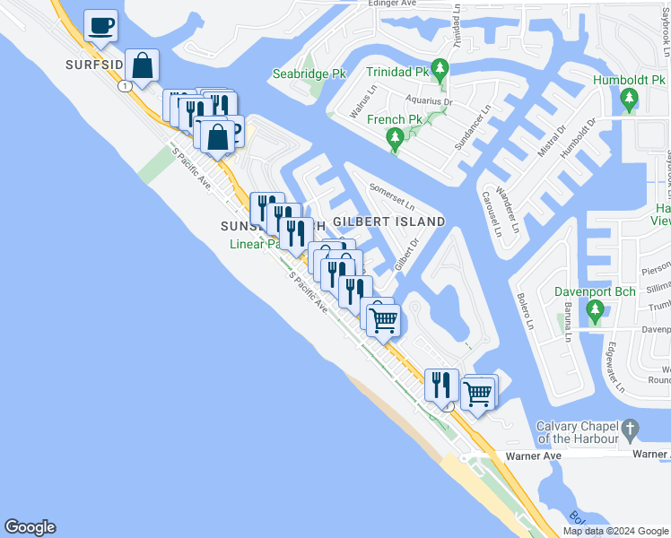 map of restaurants, bars, coffee shops, grocery stores, and more near 16779 Bayview Drive in Huntington Beach
