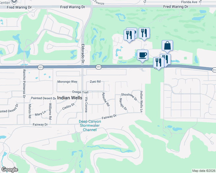map of restaurants, bars, coffee shops, grocery stores, and more near 45495 Osage Court in Indian Wells