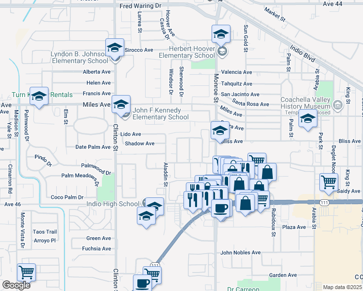 map of restaurants, bars, coffee shops, grocery stores, and more near 82820 Shadow Palm Avenue in Indio